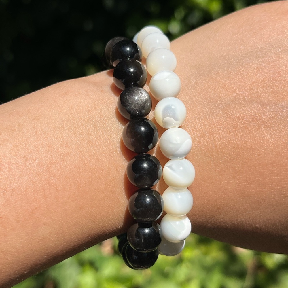 10mm silver obsidian white mother of pearl‎ bracelet set